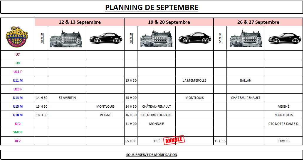 Planning du mois de Septembre