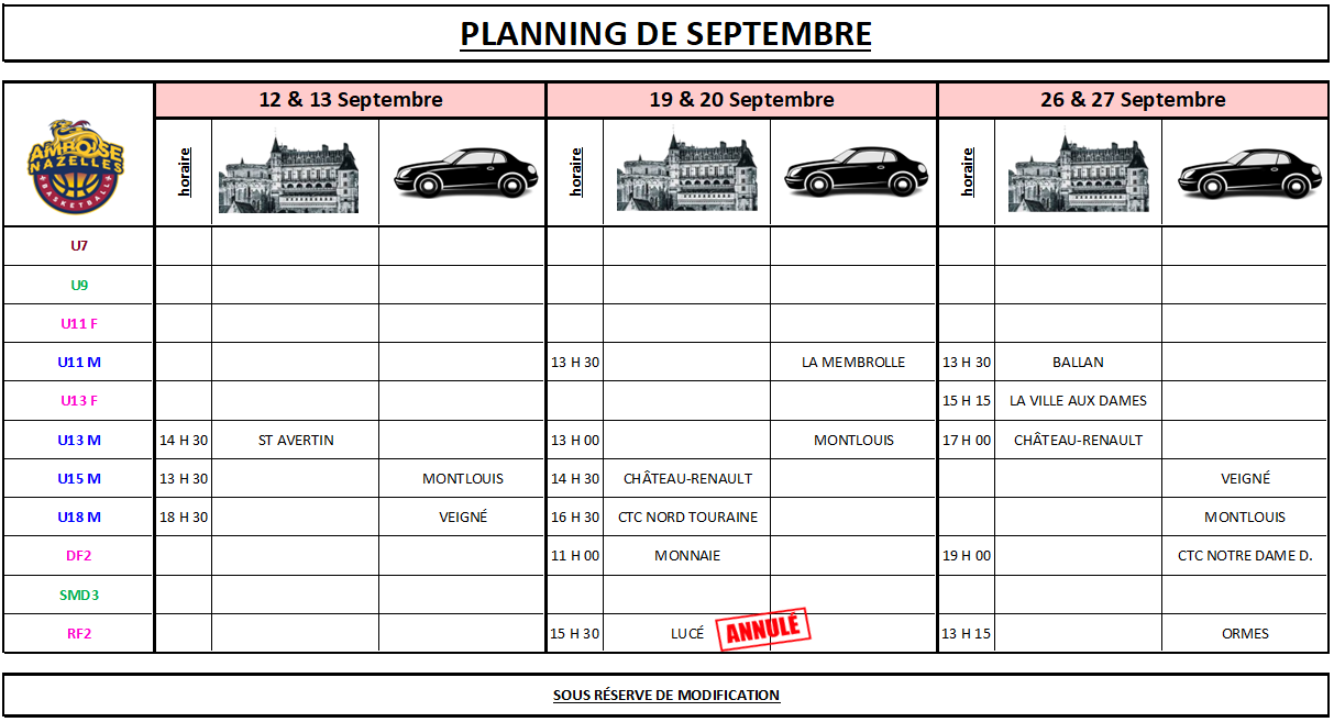 Planning du mois de Septembre
