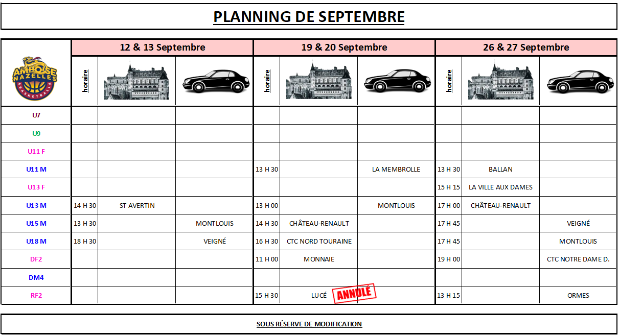 Planning du mois de Septembre