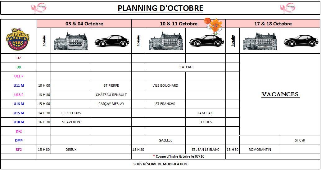 Planning du mois d'Octobre
