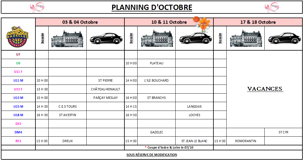 Planning du mois d'Octobre