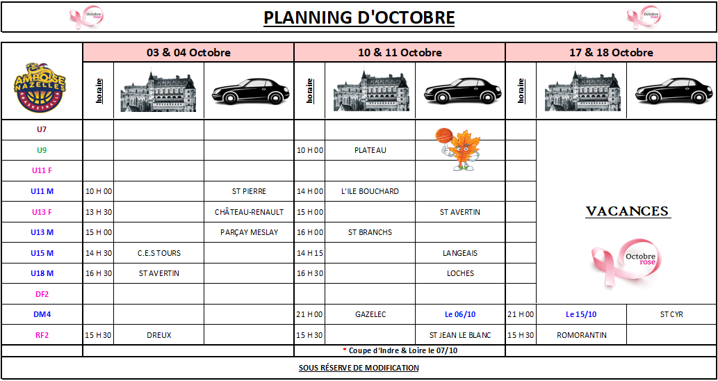 Planning du mois d'Octobre