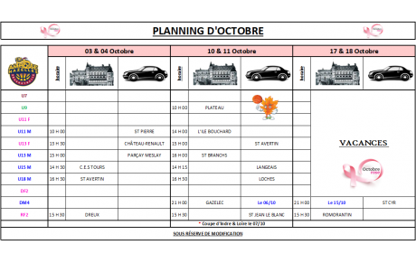 Planning du mois d'Octobre